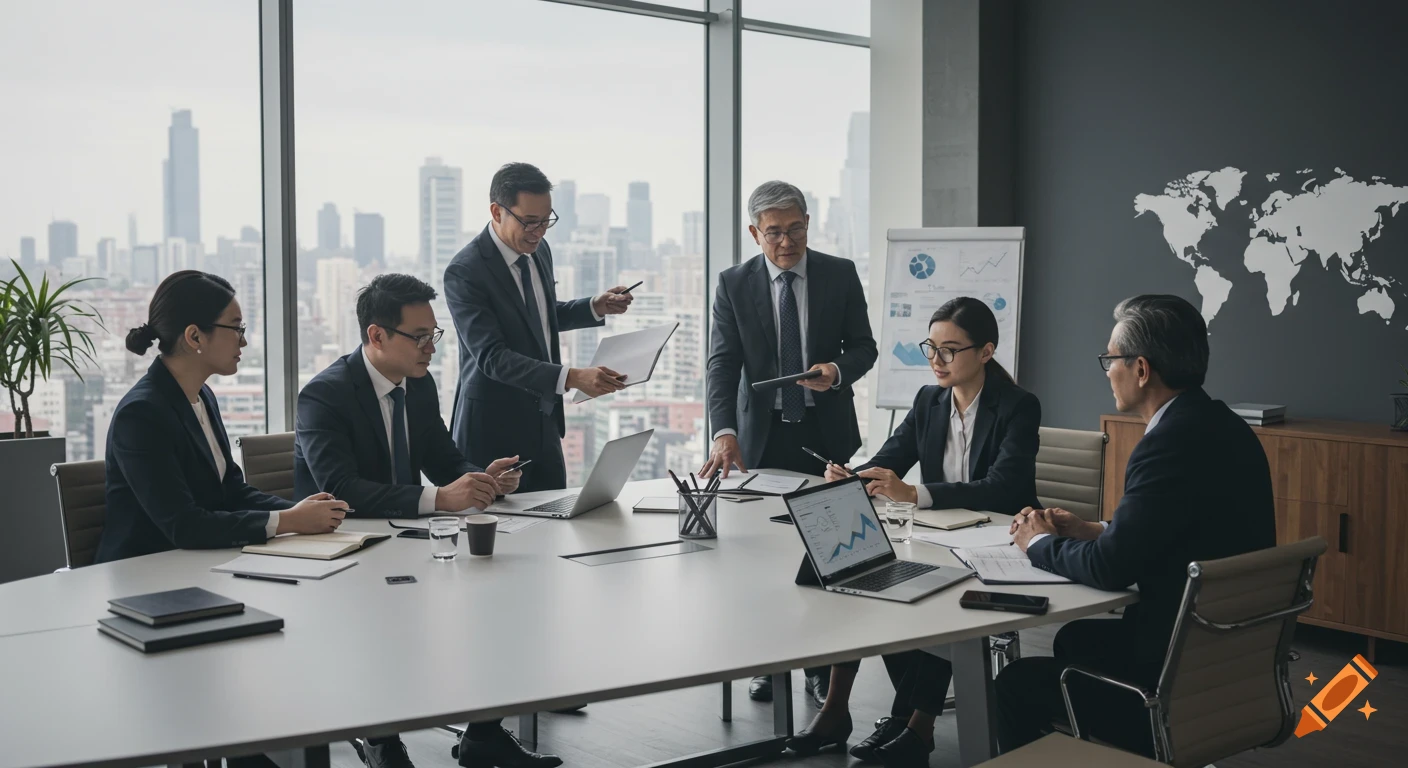 Professionals in a modern boardroom holding a business meeting with city views from large windows.