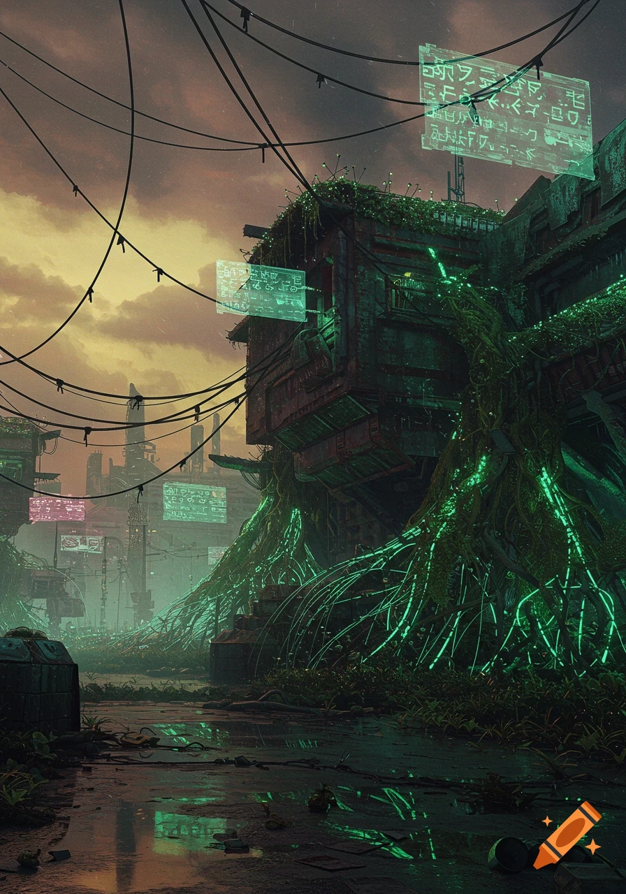 Dystopian sci-fi cityscape with overgrown buildings covered in glowing green roots and cables under a hazy orange sky, reflecting in puddles.