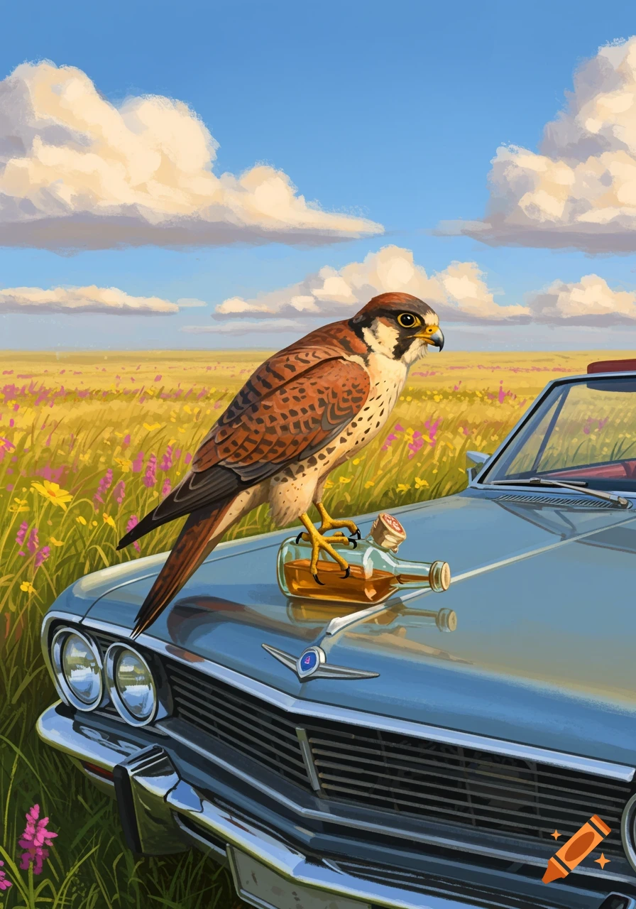 An illustrated falcon perches on the hood of a vintage blue car, next to a liquor bottle, in a field of wildflowers under a cloudy sky.