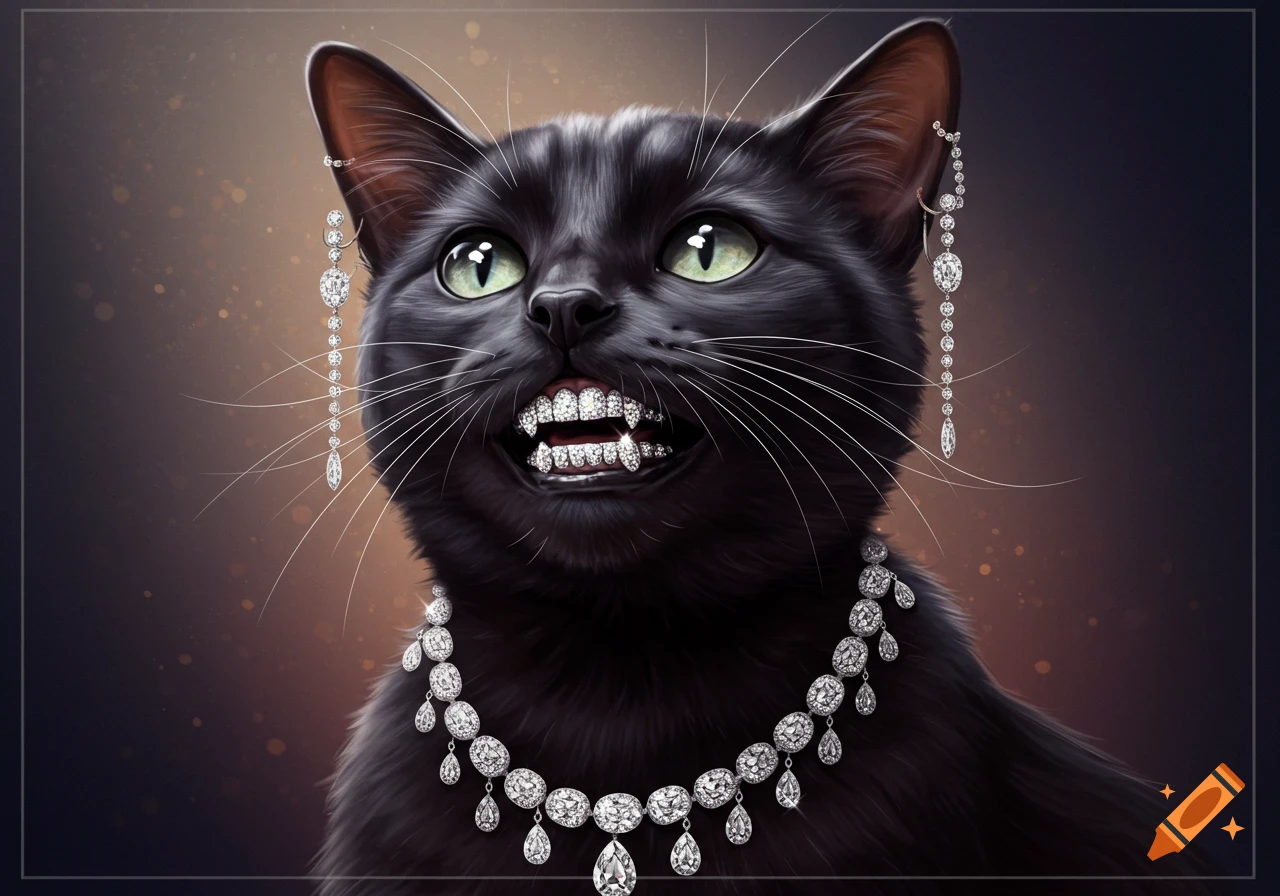 A black cat with green eyes wearing diamond grillz, a large diamond necklace, and diamond earrings.