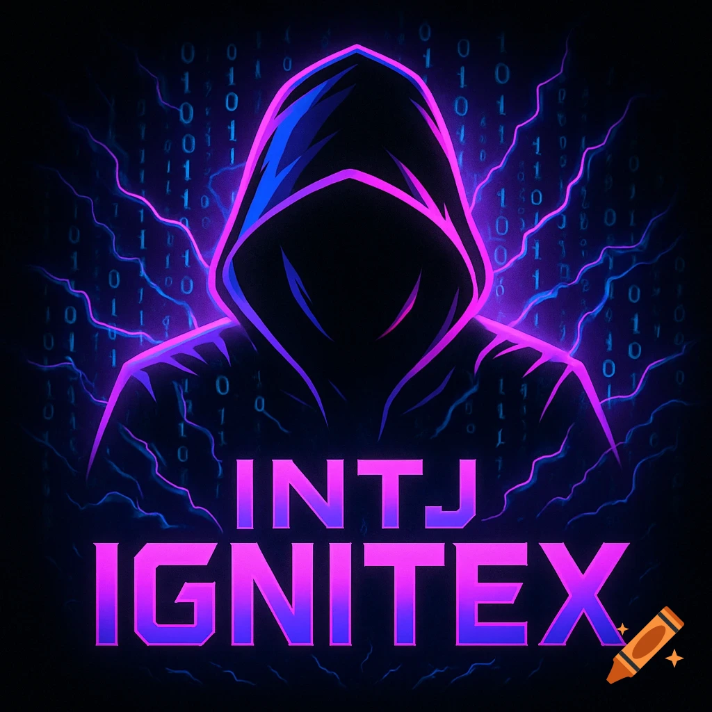 Neon purple and blue silhouette of a hooded figure with binary code background and text INTJ IGNITEX.
