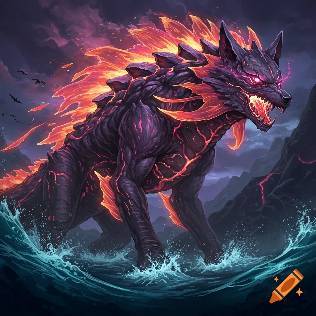 A large, dark wolf-like kaiju with glowing magenta and orange magma patterns and a fiery mane stands in crashing blue water amidst dark mountains under a stormy sky.