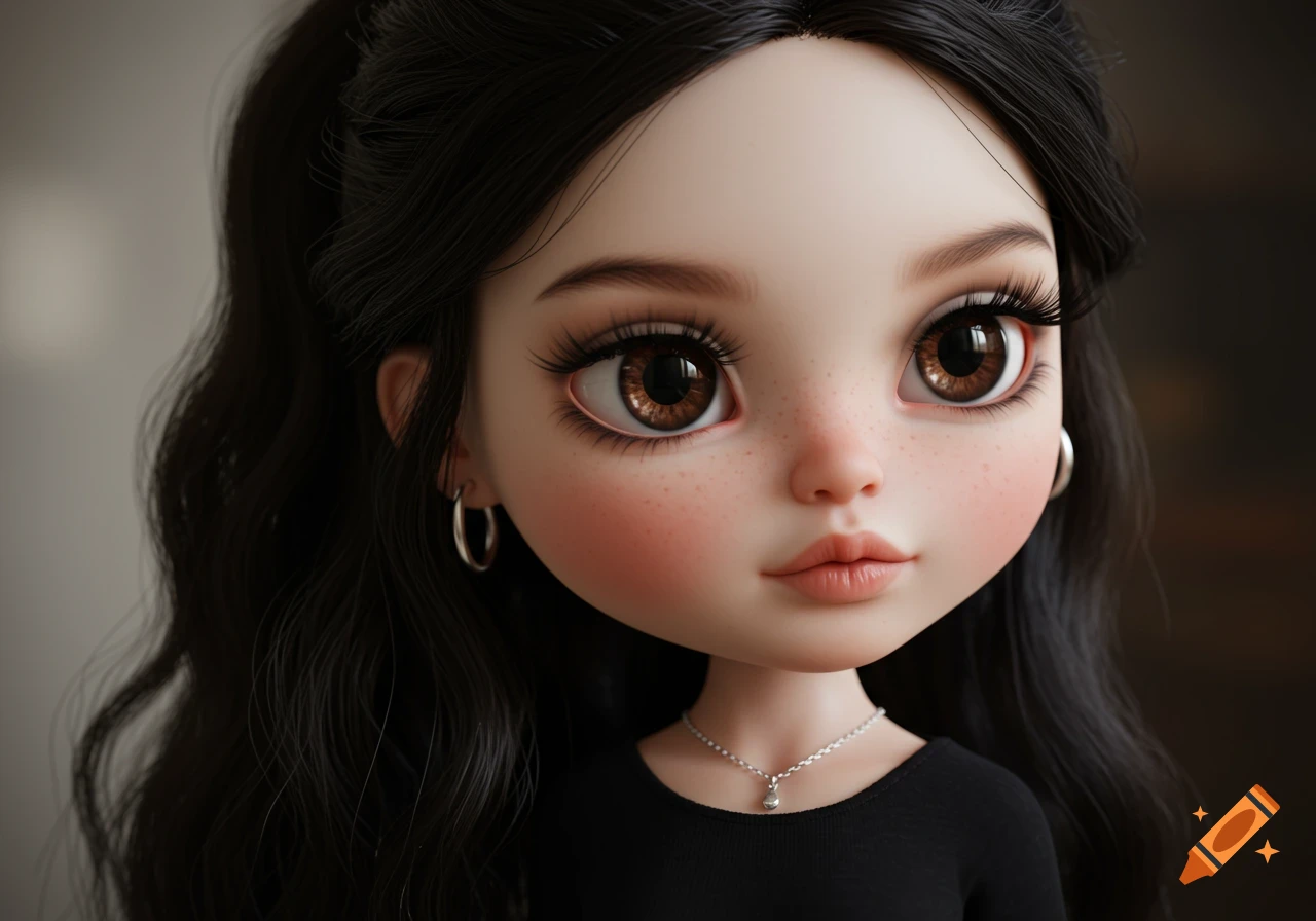 A close-up of a cute Blythe doll with long dark hair, big brown eyes, and a silver necklace, looking forward.