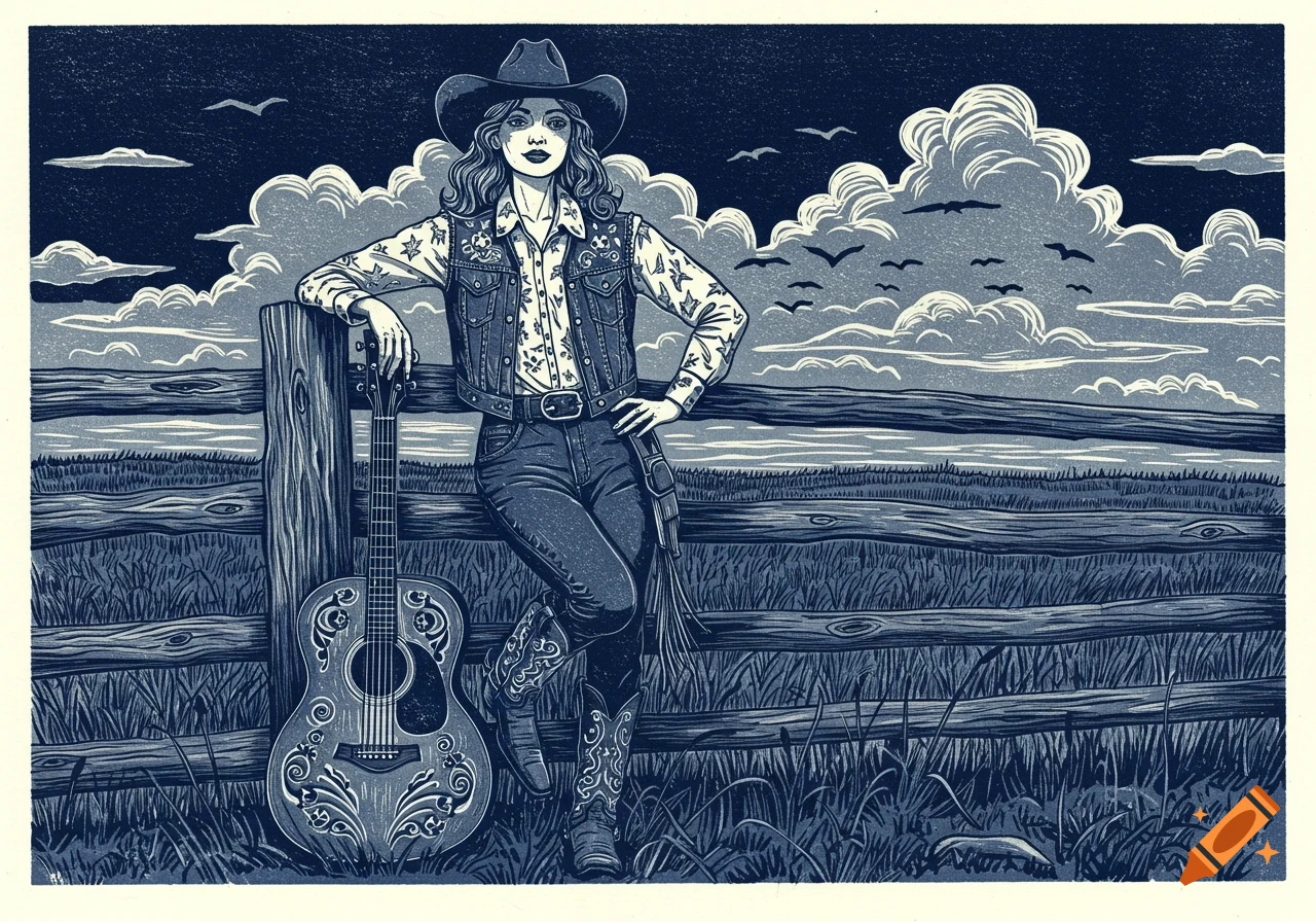 A linocut illustration of a cowgirl with a guitar leaning on a wooden fence in a field under a cloudy sky.