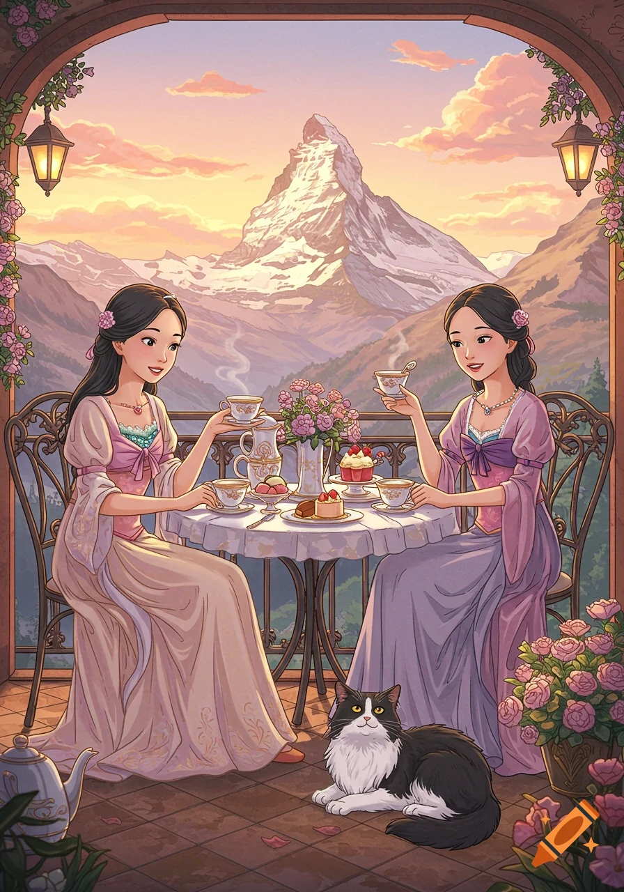 Two Asian women in long dresses enjoy tea and cake on a balcony with a black and white cat, overlooking the Swiss Alps at sunset in a Disney-like cartoon style.