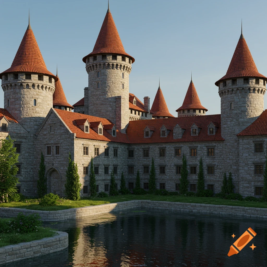 A grand stone castle with red-tiled roofs and multiple turrets stands beside a calm moat under a clear sky. Rendered in 3D.