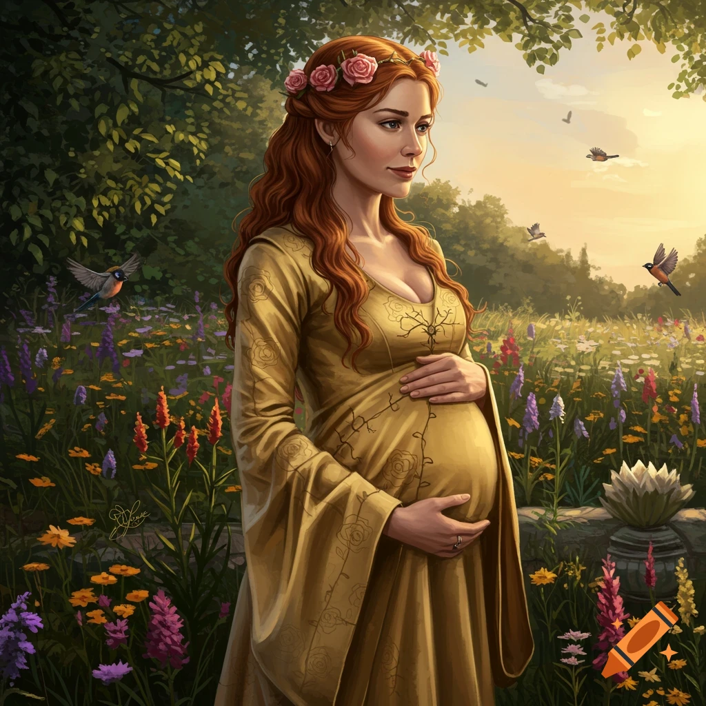 A pregnant woman with long red hair and a floral crown stands in a vibrant, sunlit flower field, a serene digital painting.