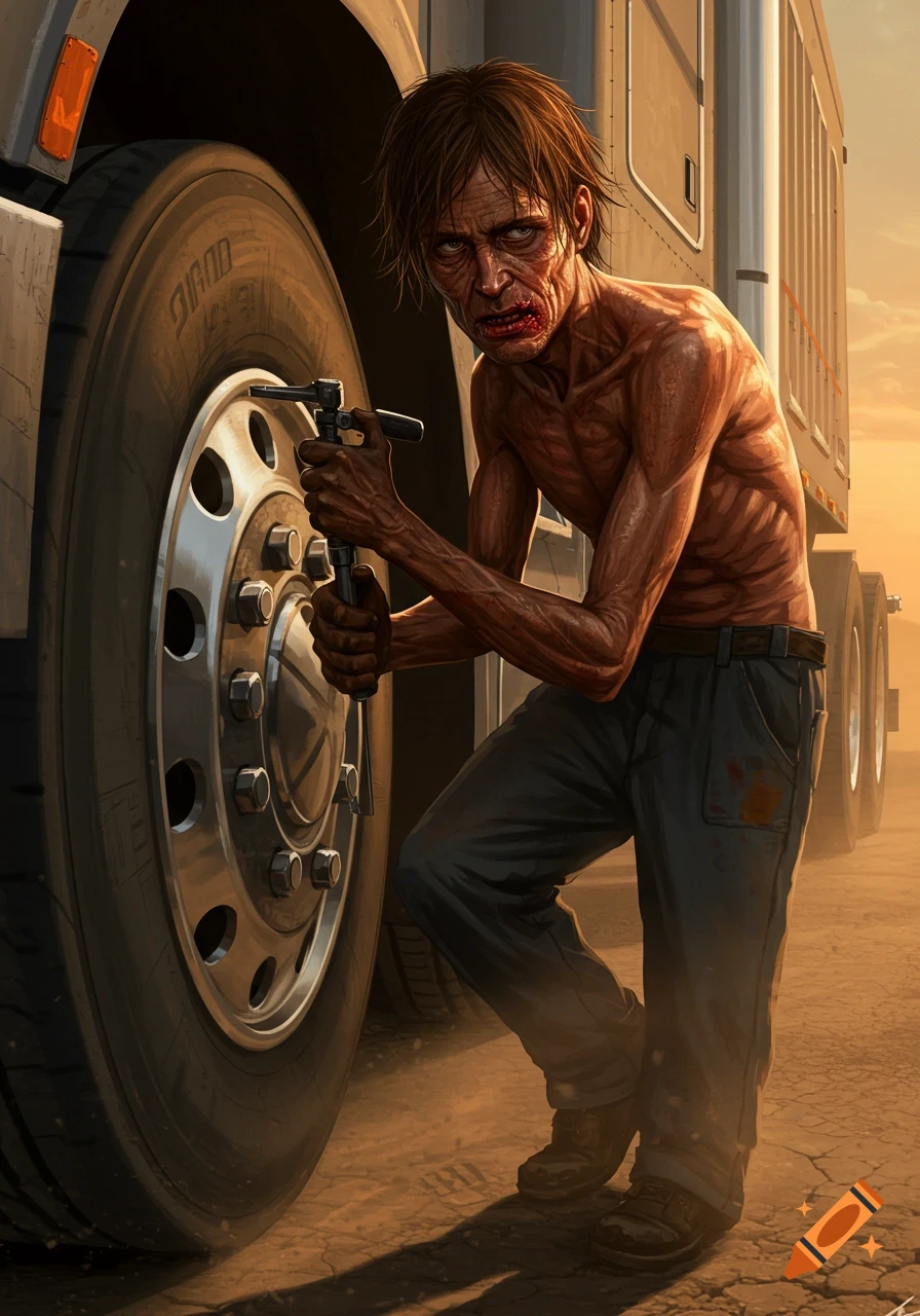 An emaciated, unkempt man with sores on his lip works on the large tire of an 18-wheeler truck in a desolate, sandy landscape at sunset.