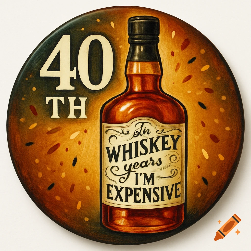 An illustrated round 40th birthday button featuring a whiskey bottle with the text 'In whiskey years, I'm expensive.'
