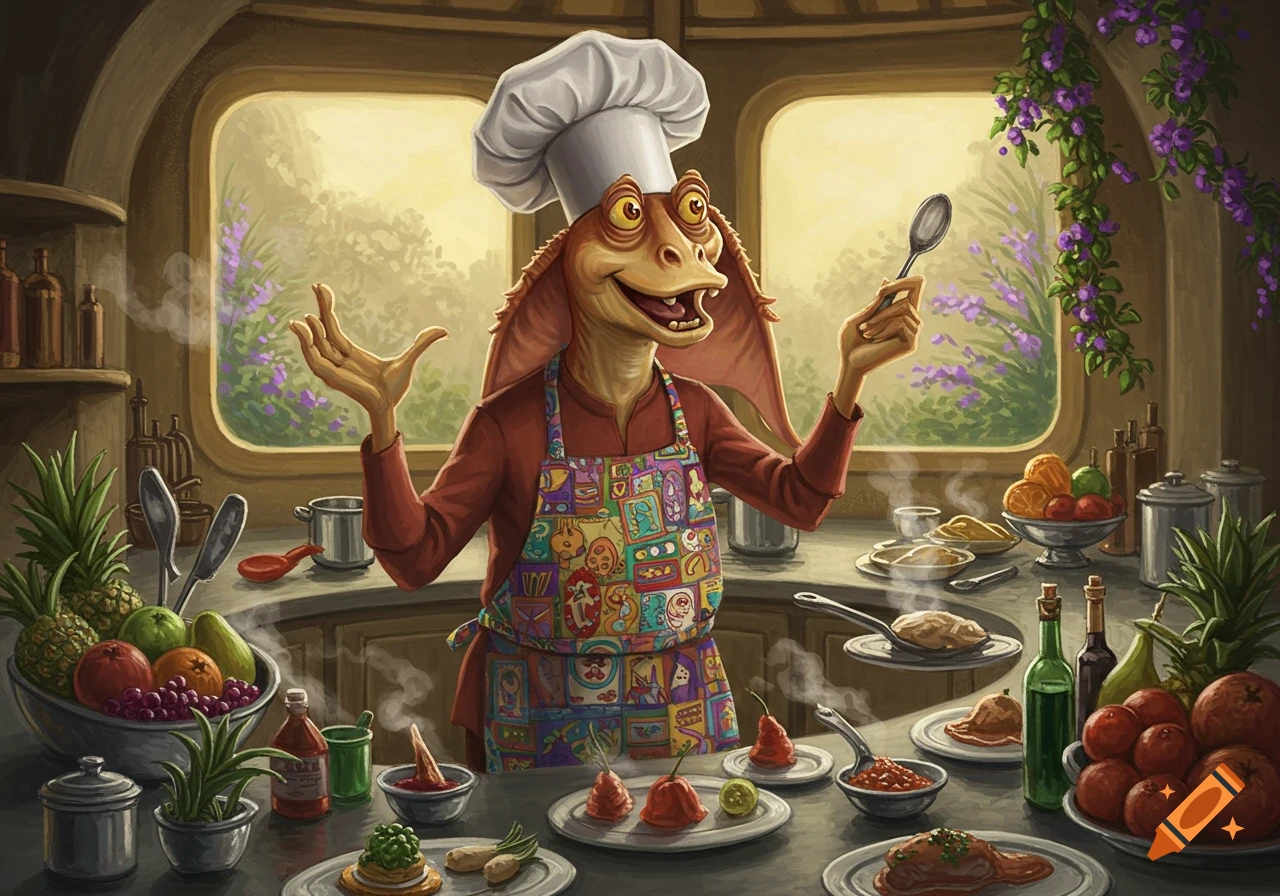 Jar Jar Binks as a chef, wearing a white hat and patterned apron, standing in a kitchen filled with food. Illustrated.