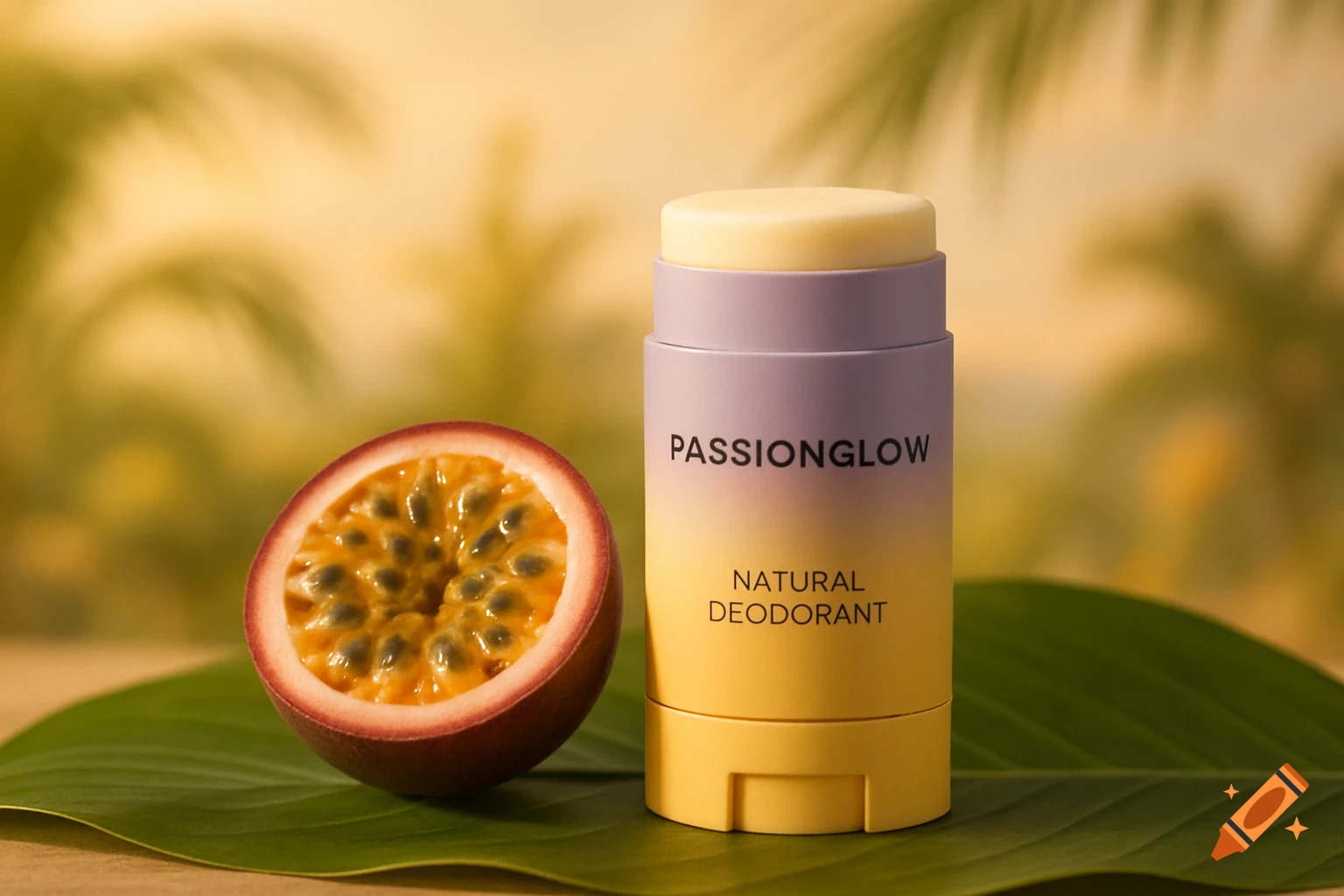 A lavender and yellow deodorant stick and a cut passionfruit on a tropical leaf.