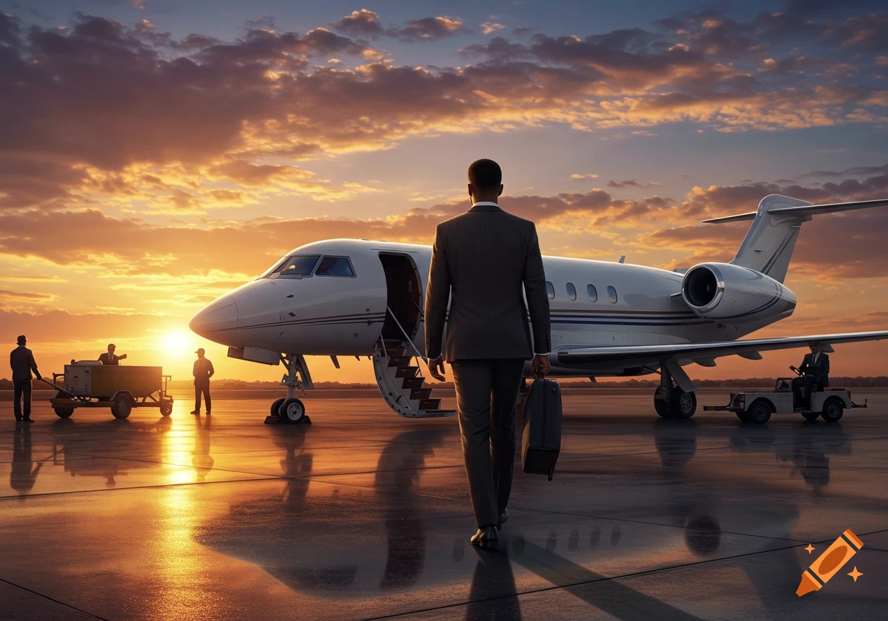 A man in a suit carrying a briefcase walks towards a private jet on an airport tarmac at sunset.