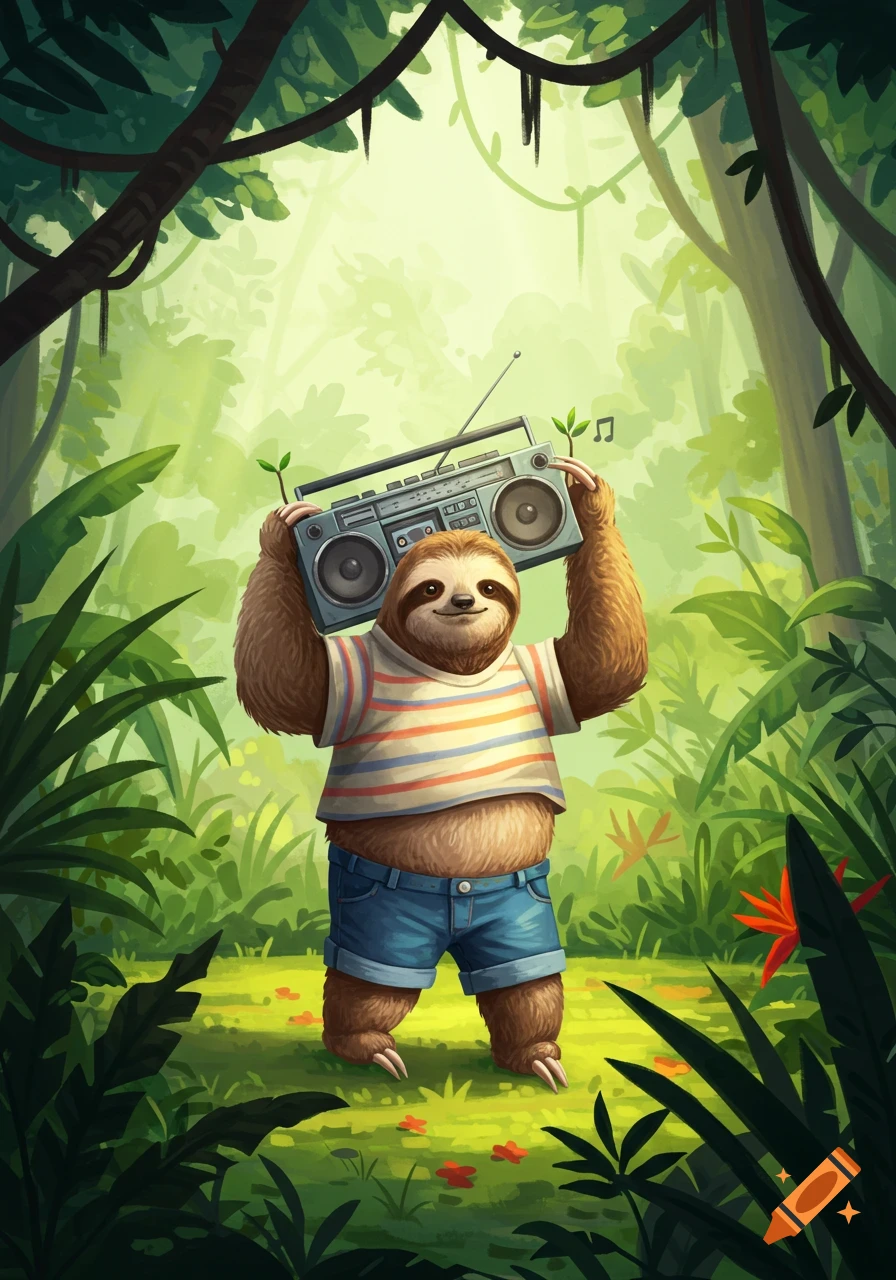 A cartoon sloth wearing a striped shirt and denim shorts holds a boombox over its head in a lush green jungle.