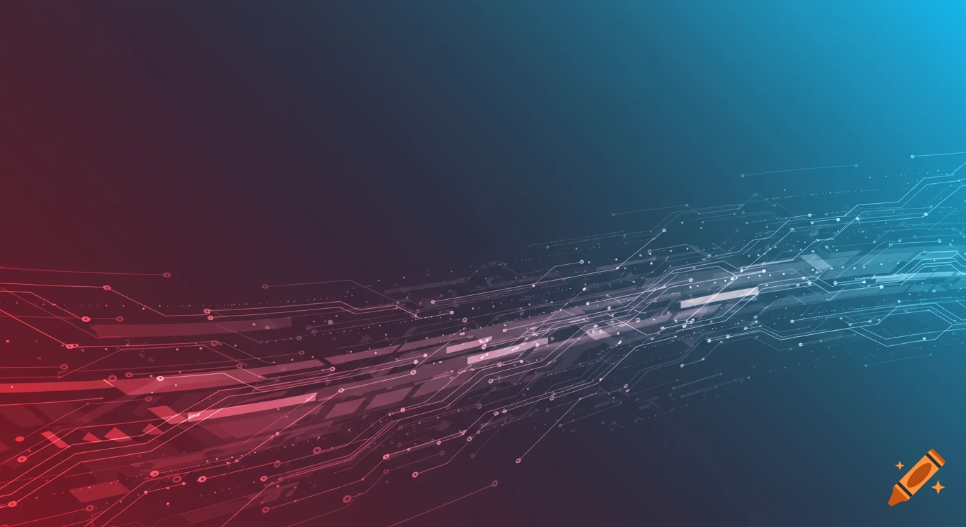 Abstract digital background with red and blue gradient, featuring high-tech circuit lines and glowing data points.