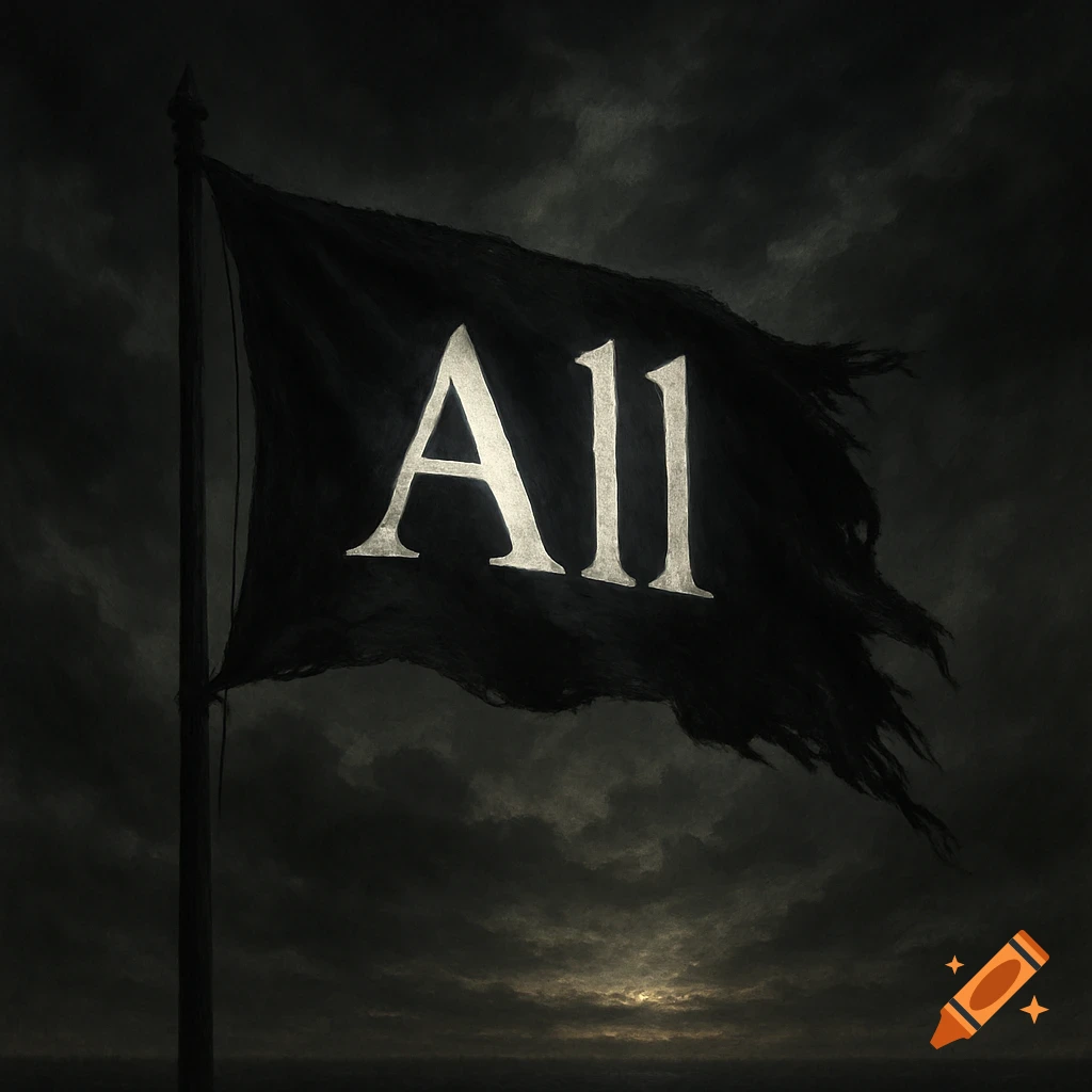 A tattered black flag with the word "All" in white letters, waving against a dark, cloudy sky.