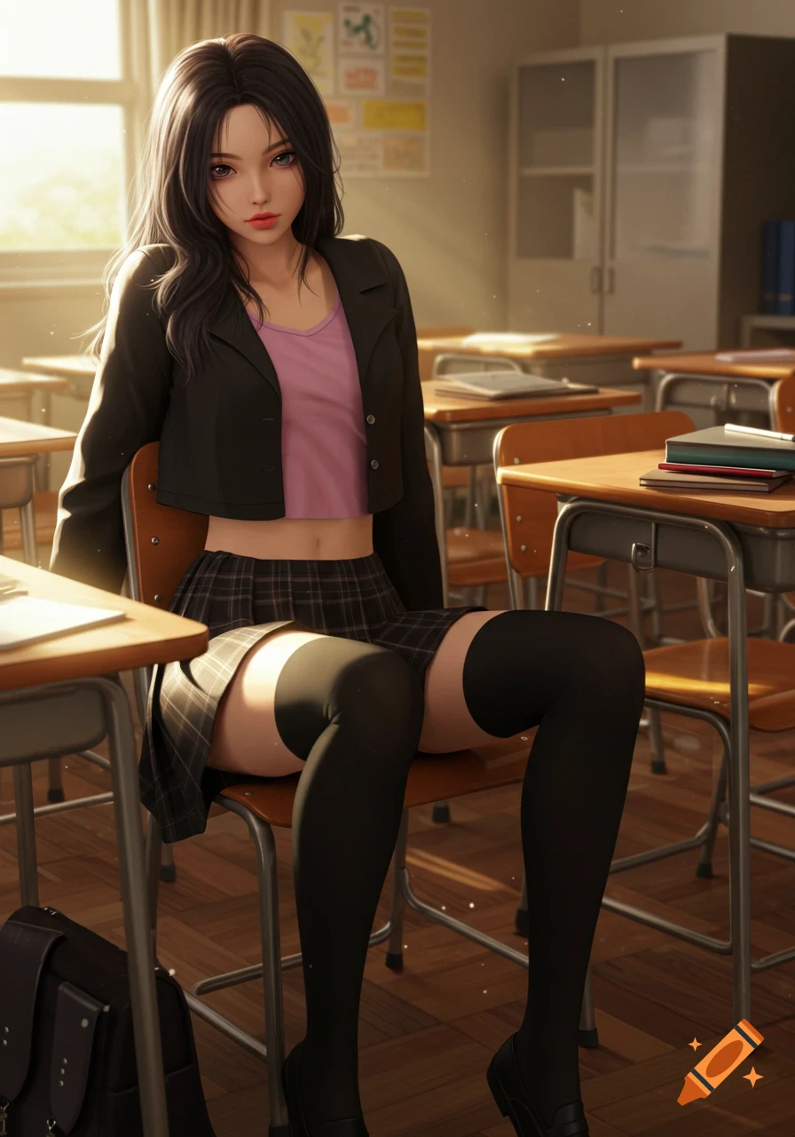 A young woman with long dark hair in a black cropped jacket, pink shirt, plaid skirt, and thigh-high socks, sitting in a sunlit classroom.