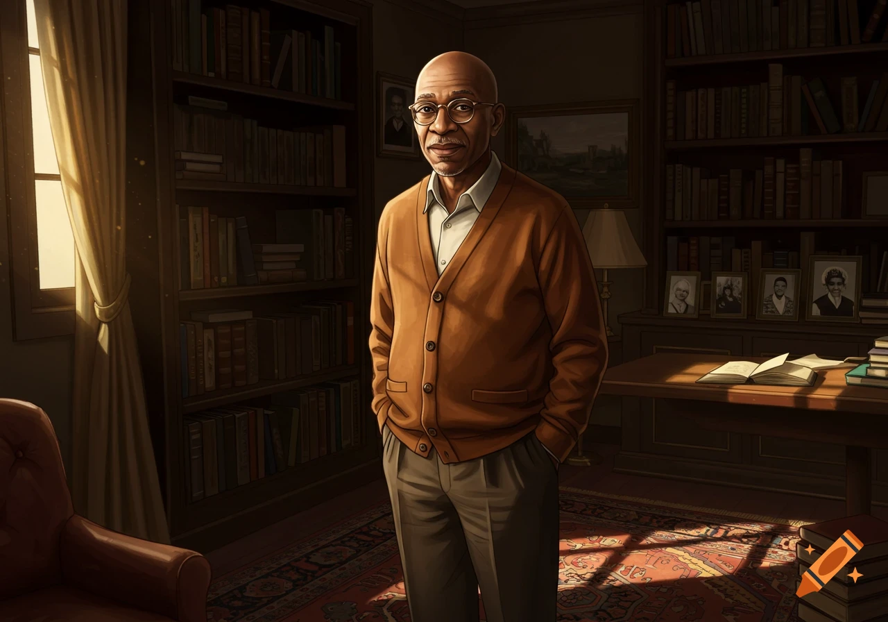 A bald older man with glasses wearing an orange cardigan and gray pants stands in a dimly lit library. Sun rays stream through a window on the left.