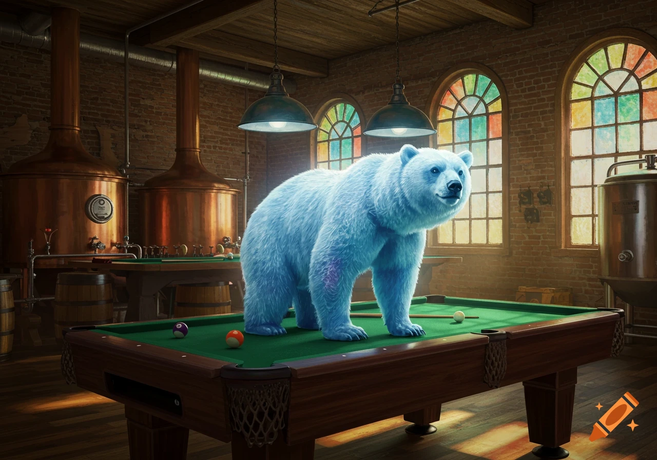 A blue spirit bear stands on a green pool table in a rustic brewery with large copper vats and stained glass windows.