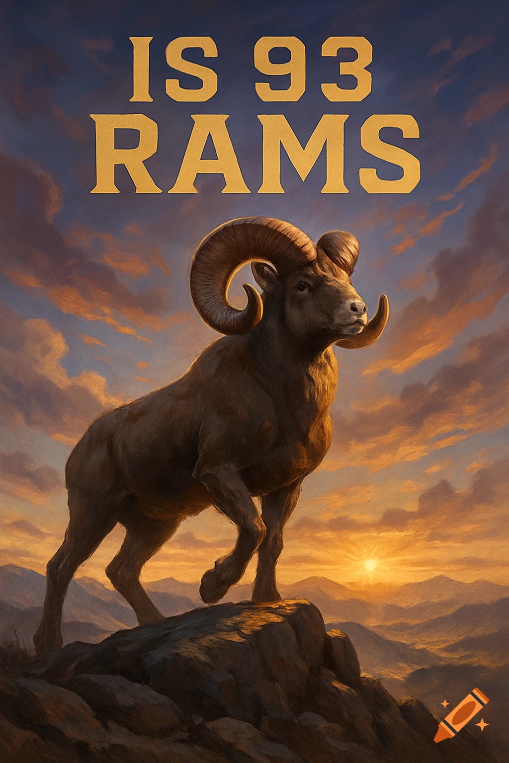 A bighorn ram stands on a rocky peak at sunset, with 'IS 93 RAMS' text above.