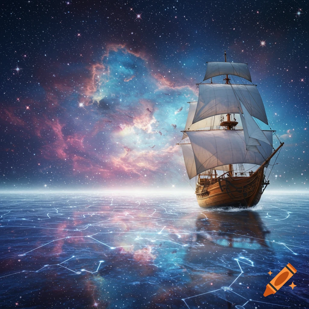 A detailed sailing ship on a cosmic sea reflecting stars and colorful nebulas under a starry sky.