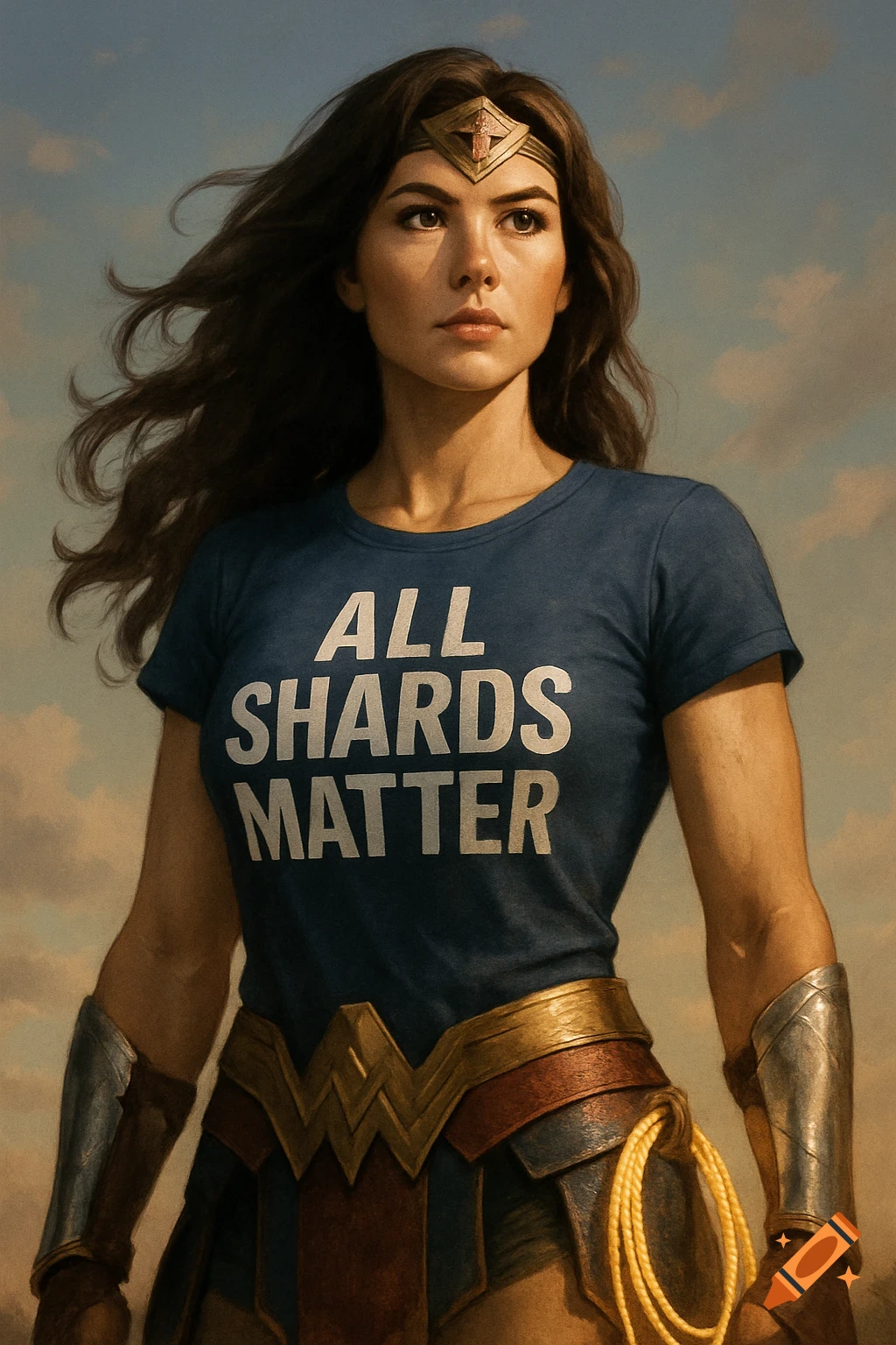 Photorealistic portrait of Wonder Woman wearing a blue t-shirt with 'ALL SHARDS MATTER' and her golden tiara, looking determined.