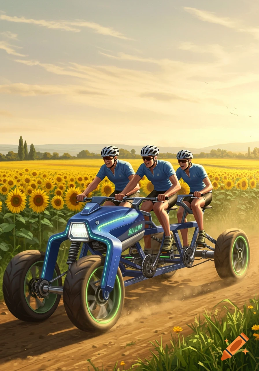 Three people ride a futuristic blue multi-person bike through a vibrant yellow sunflower field under a clear sky.