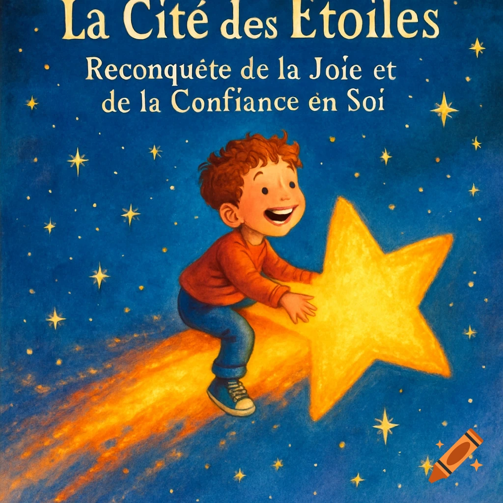 A happy boy with red hair rides a shooting yellow star across a dark blue, starry night sky in a children's book illustration.