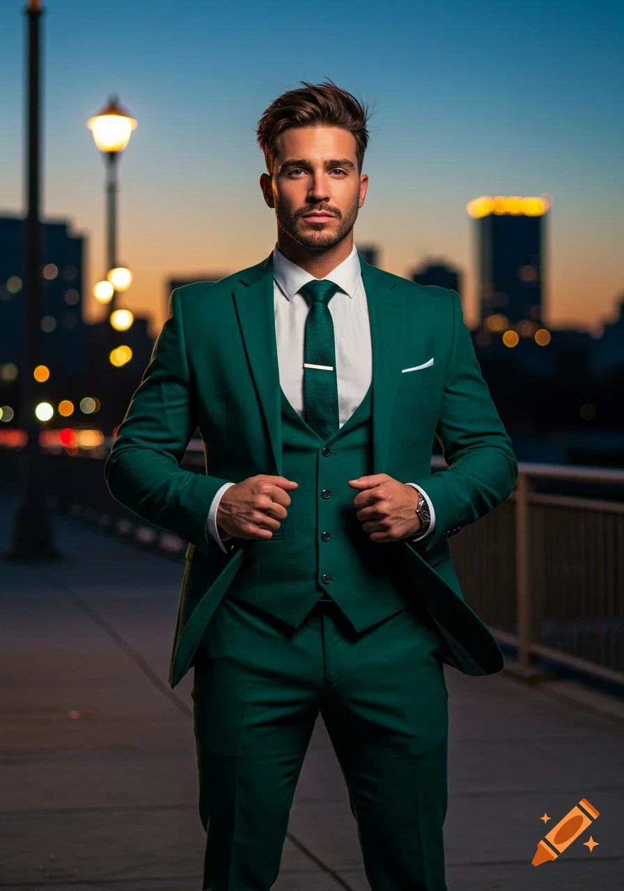 A man in a green suit stands on a bridge at dusk with a city skyline in the background.
