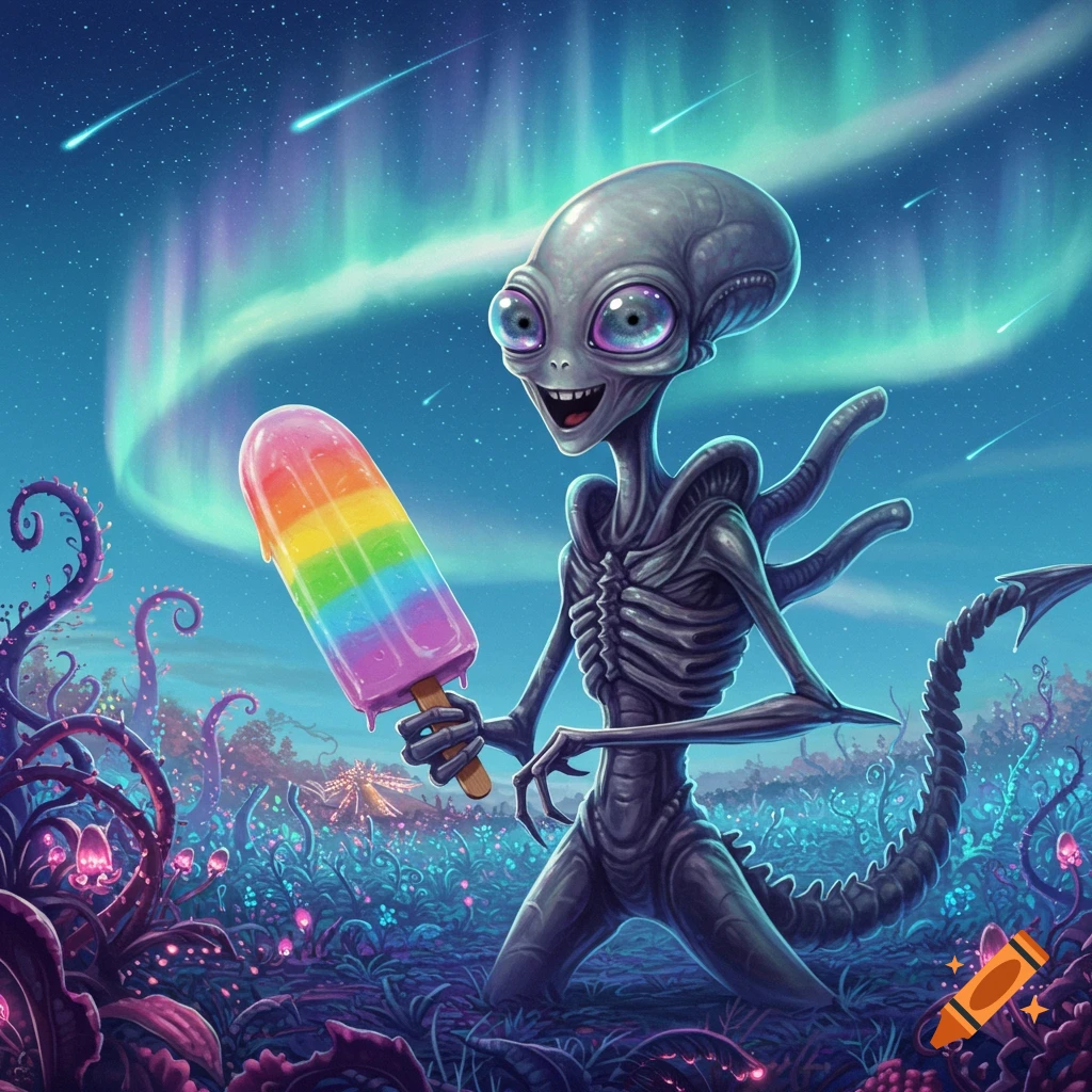A cartoon xenomorph alien holds a melting rainbow popsicle in a vibrant fantasy landscape with an aurora and shooting stars.