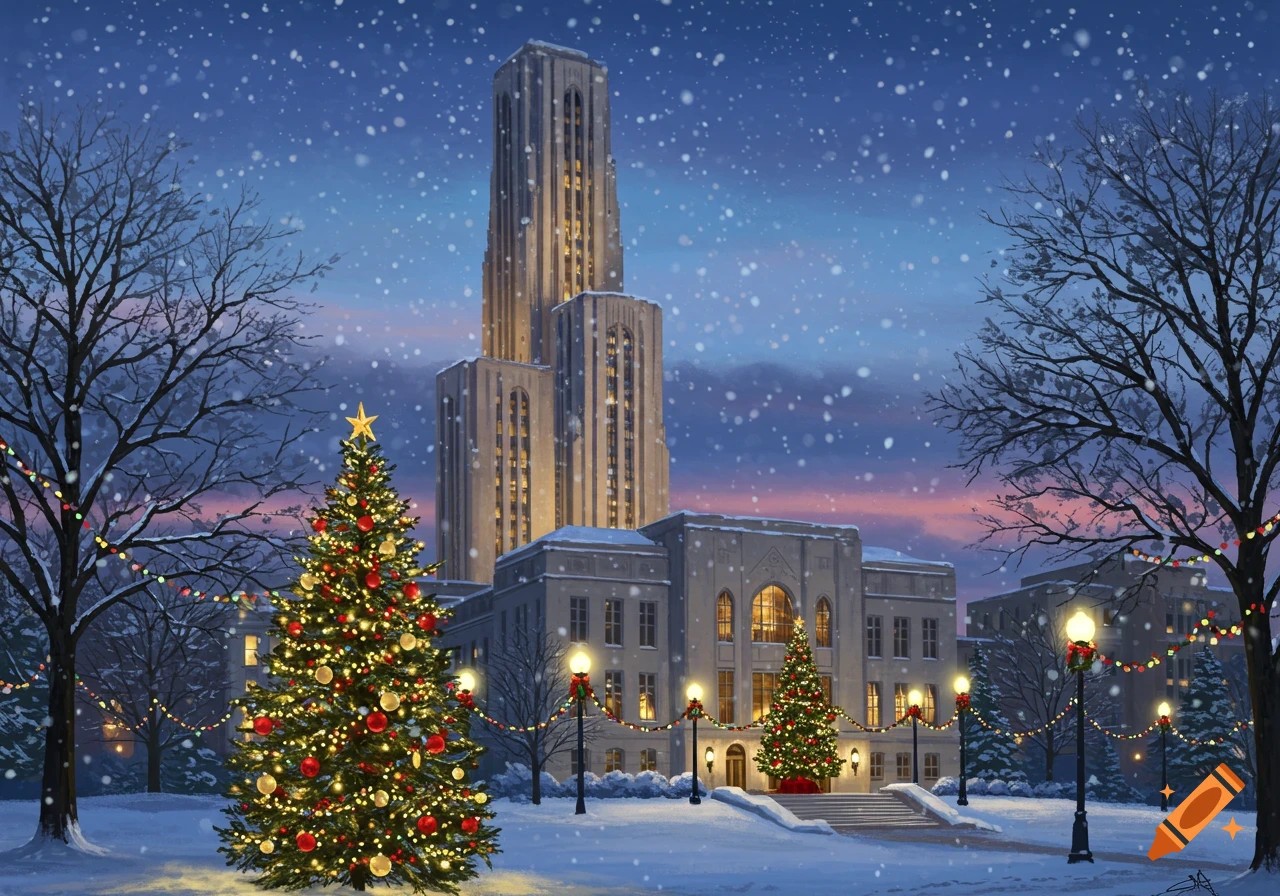 Snow falls on the University of Pittsburgh's Cathedral of Learning at night, with illuminated Christmas trees and lights.