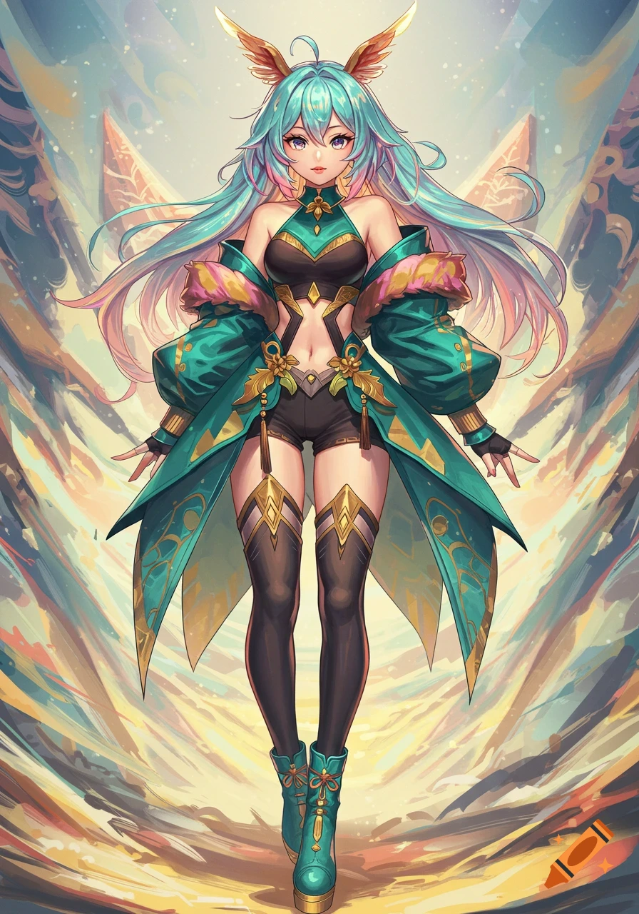Anime girl with long teal hair, green and gold outfit, and golden wings, standing in a dynamic pose against a bright, colorful background.