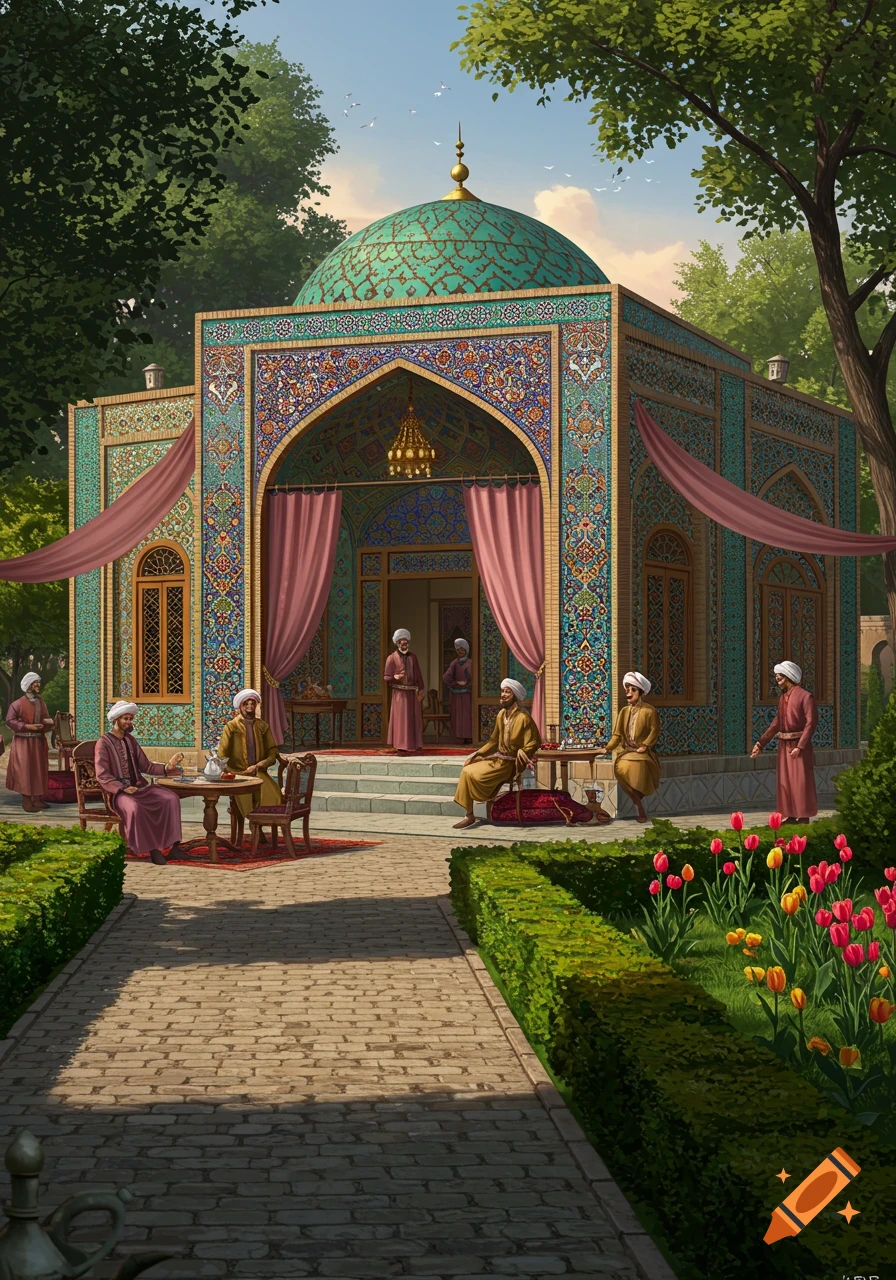 Men in Safavid attire gather in a lush garden outside an ornate building with a turquoise dome, in a detailed illustration.
