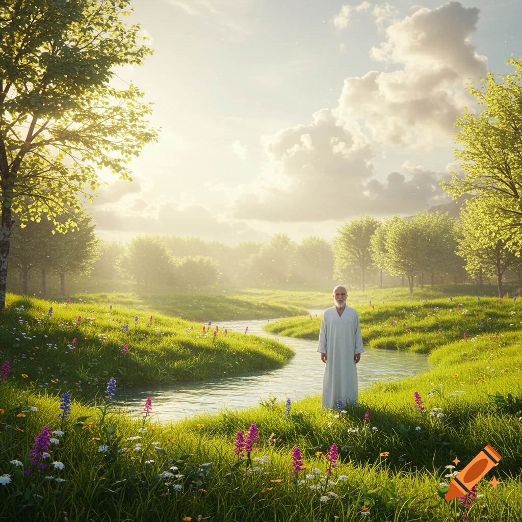 A man in a white robe stands by a river in a sun-drenched, lush green landscape with colorful wildflowers in a photorealistic style.