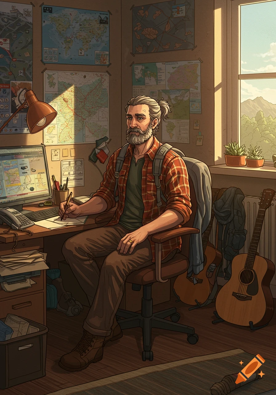 An illustrated man with a beard and ponytail sits at a desk in an office filled with maps and guitars, writing.