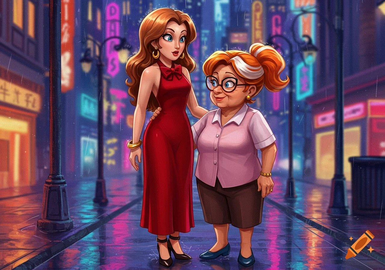 Two cartoon women, one in a red dress and one in a pink shirt and glasses, stand on a rainy, neon-lit city street at night.