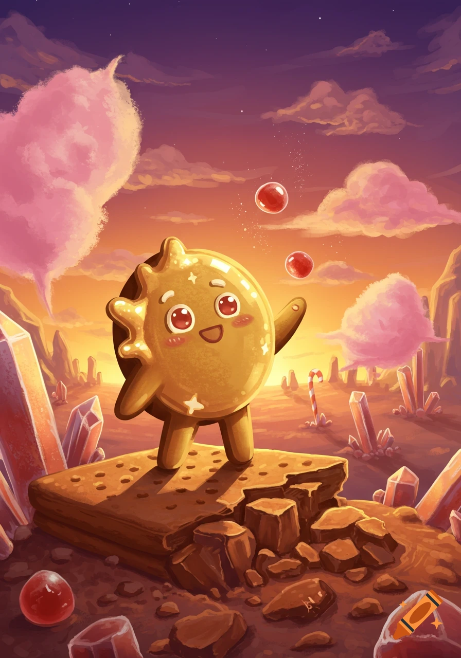 A cute, shiny gold sun-shaped cookie character stands on a graham cracker in a vibrant fantasy landscape with pink clouds and red crystals at sunset.