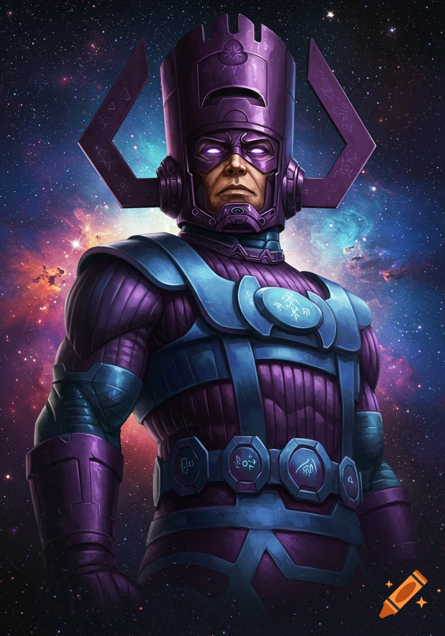 Galactus, a powerful purple-armored cosmic being with a large helmet, stands against a vibrant star-filled galaxy.