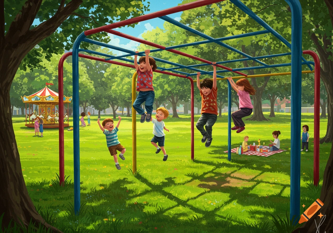 Illustration of happy children playing on monkey bars and a carousel in a sunny park.
