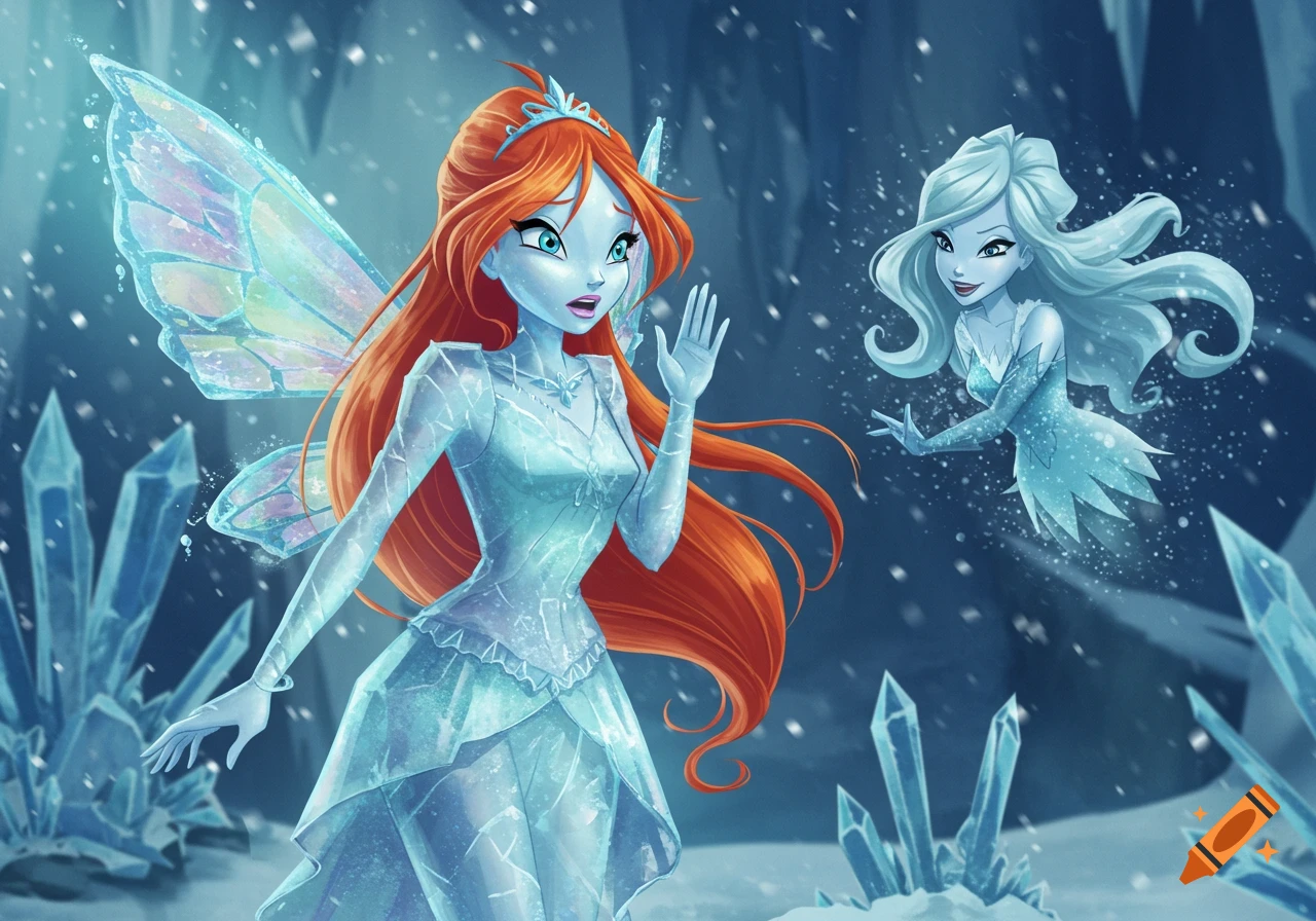 A surprised red-haired fairy, partially frozen in ice, is taunted by an ice spirit in a snowy, crystal-filled cave. Cartoon style.