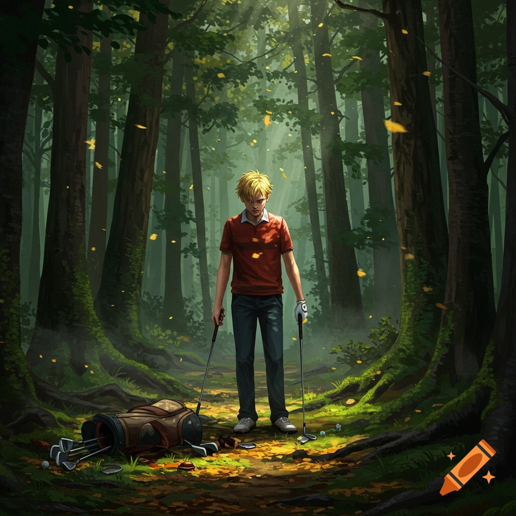 An illustrated image of a dejected blonde man holding golf clubs in a dense, sun-dappled autumn forest with a golf bag and scattered balls on the ground.