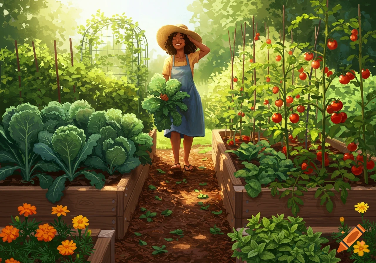 An illustration of a smiling woman in a straw hat and apron, holding fresh greens in a sunny vegetable garden.