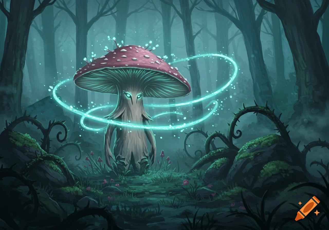 A magical mushroom creature with glowing eyes and swirling blue energy stands in a dark, mystical forest.