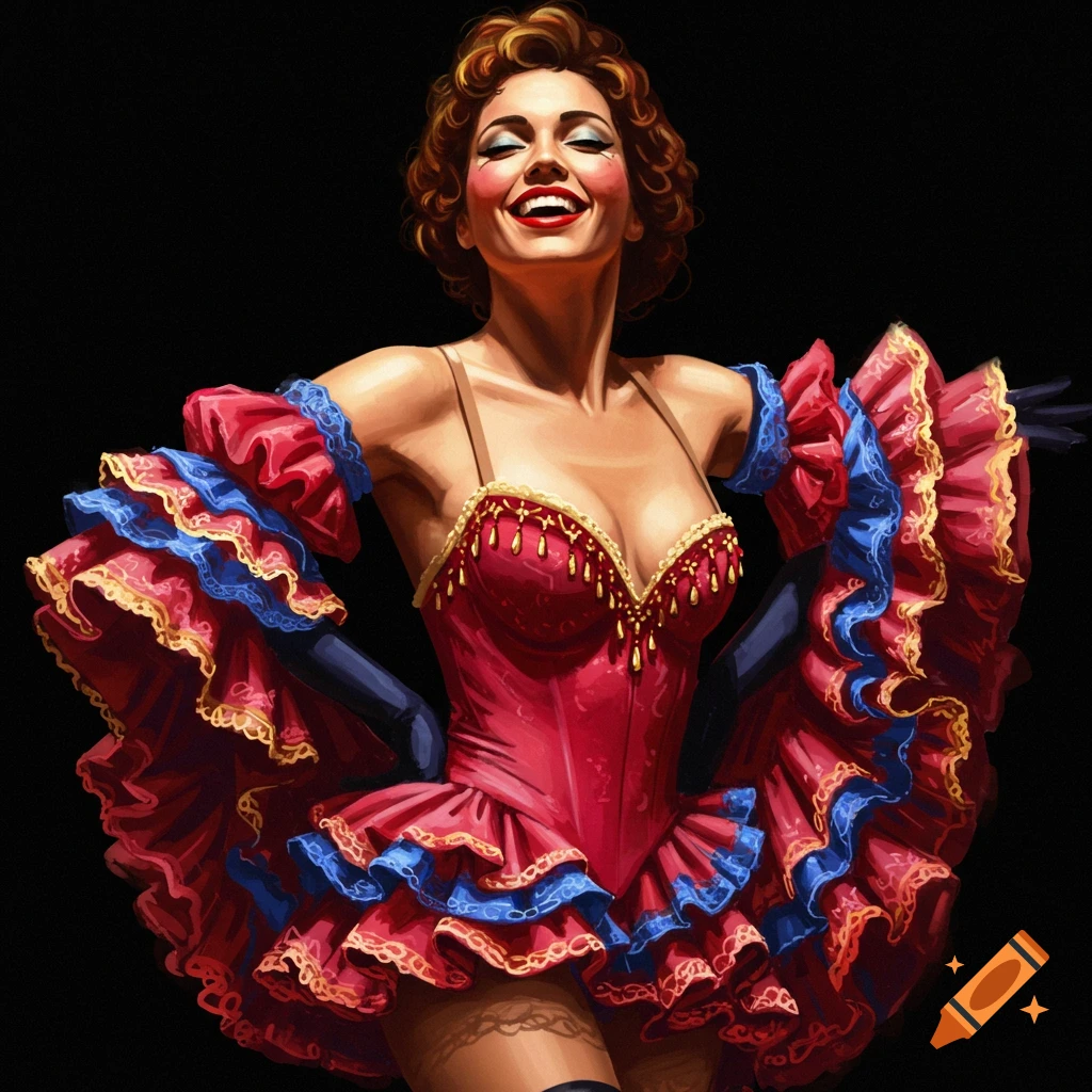 Artistic illustration of a smiling woman in a red and blue can-can dress against a black background.