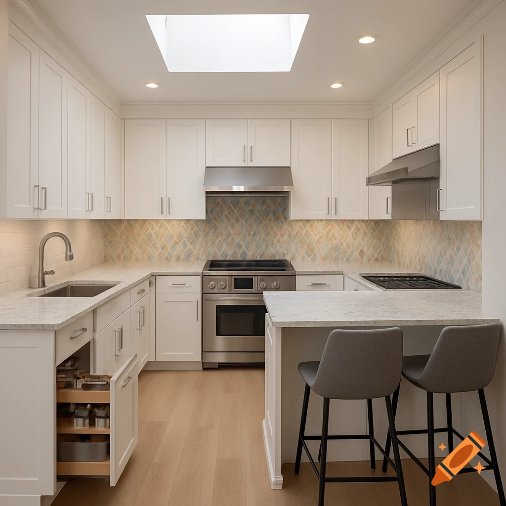 A modern U-shaped kitchen featuring white cabinetry, light countertops, stainless steel appliances, and a decorative backsplash, illuminated by a skylight. A peninsula with two bar stools is visible.