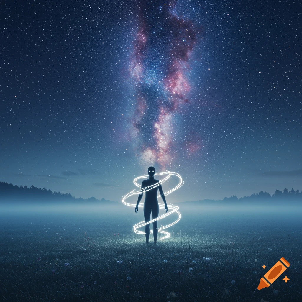 A silhouetted figure stands in a misty field at night, surrounded by glowing light, under a vibrant starry sky.