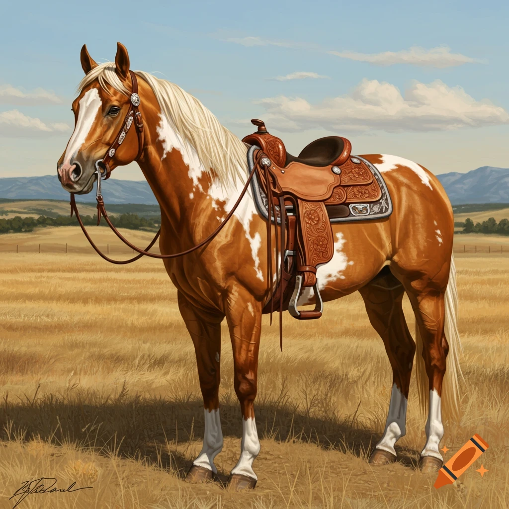 A palomino paint quarter horse with a western saddle and bridle stands in a sunlit field with mountains in the background.