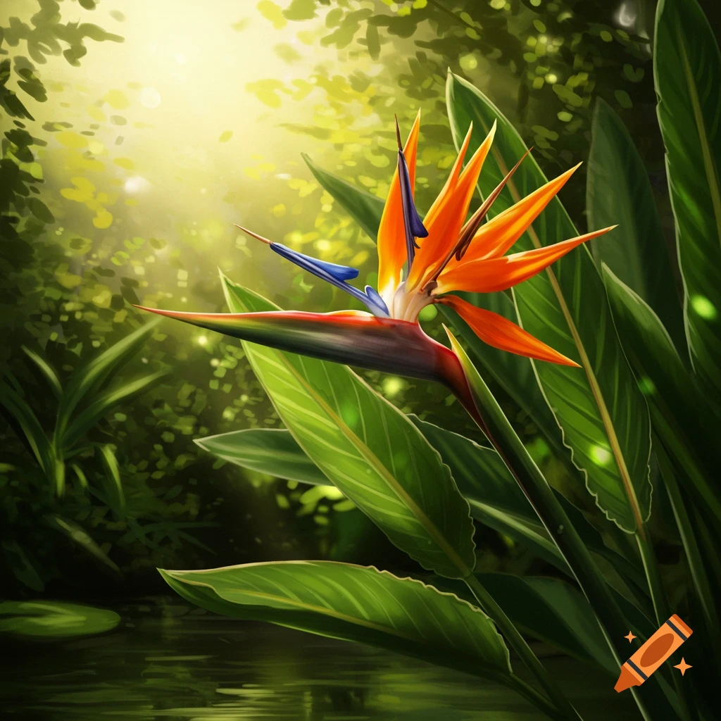 A vibrant Bird of Paradise flower with orange and blue petals stands amidst lush green leaves, illuminated by sunlight filtering through the foliage.