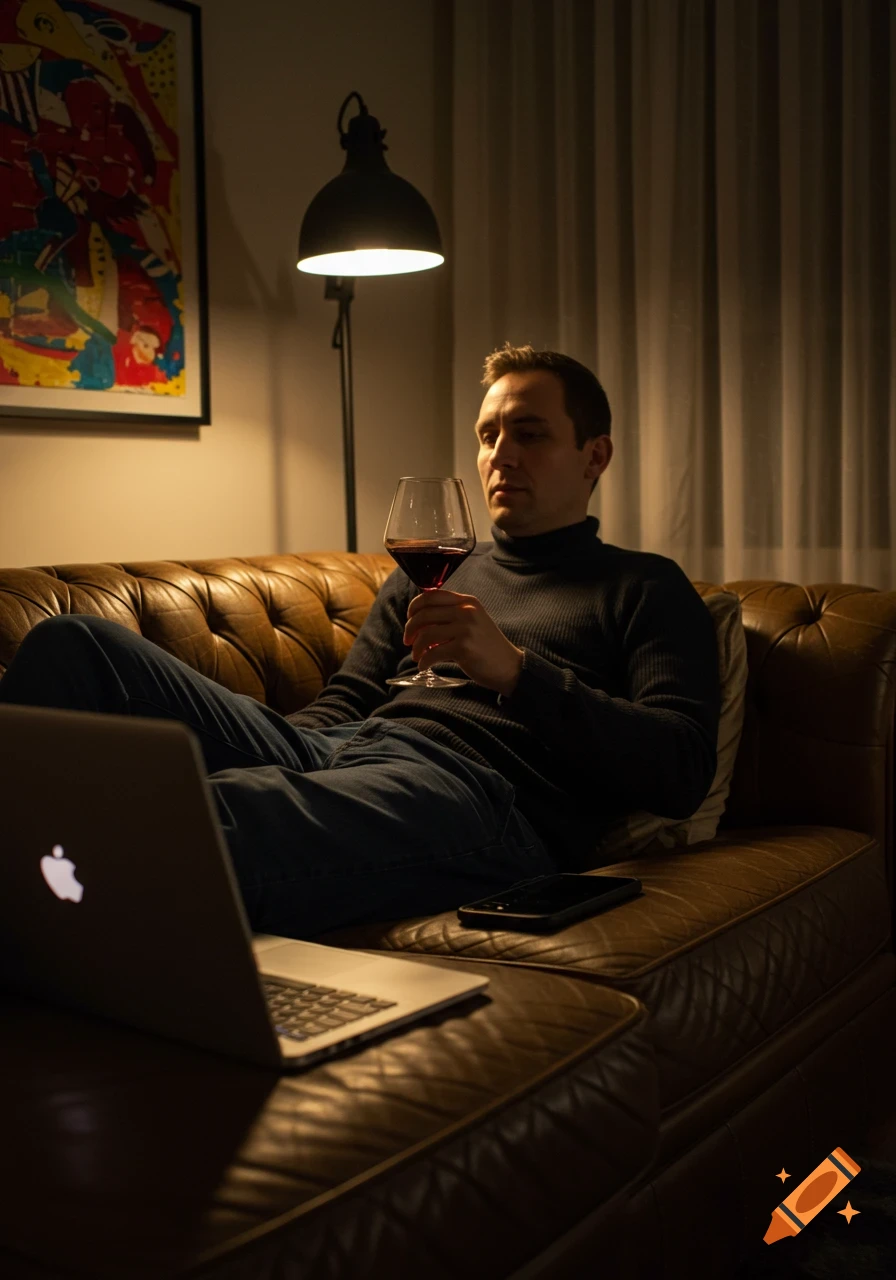 A man in a turtleneck sits on a leather couch, holding a glass of red wine and looking at a laptop in a dimly lit room.