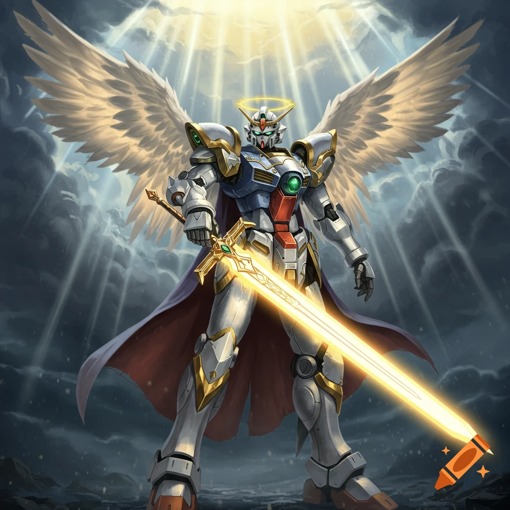 A majestic anime-style mecha with large white wings and a glowing golden sword stands under shafts of light in a cloudy sky.