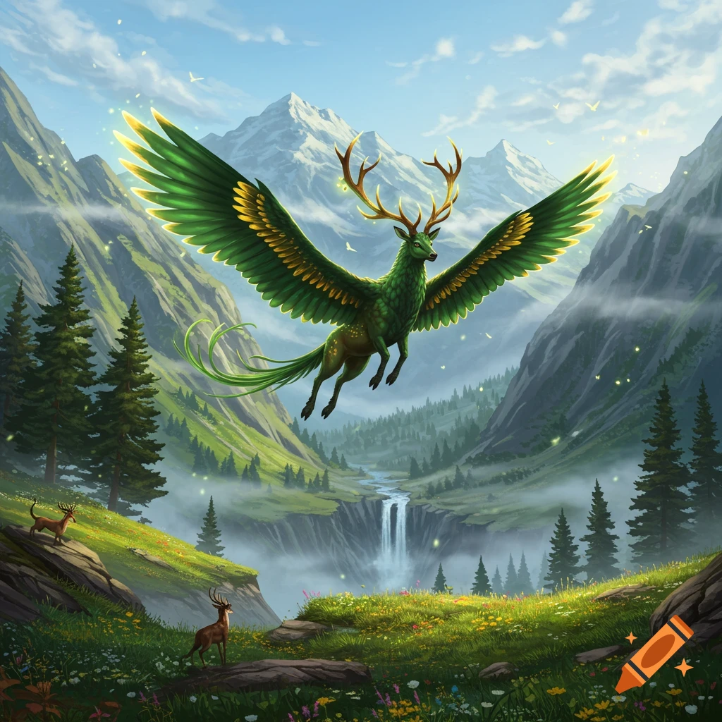 A majestic green winged deer with antlers flies over a lush, misty mountain valley with a waterfall and forest.